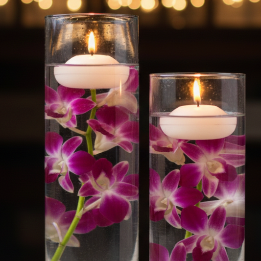 DIY orchid water candle centerpiece with floating candles