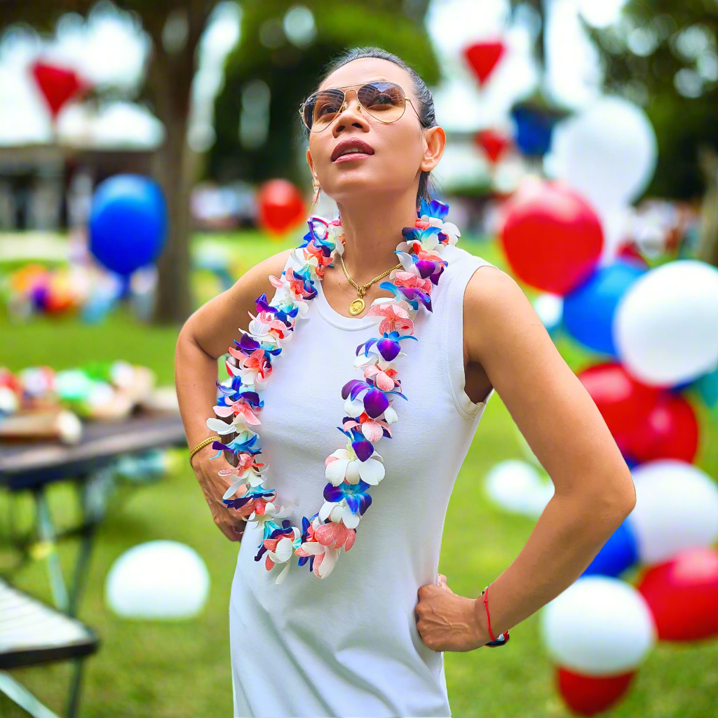 USA Orchid Lei – Red, White & Blue Single Strand Lei for 4th of July & Summer Celebrations