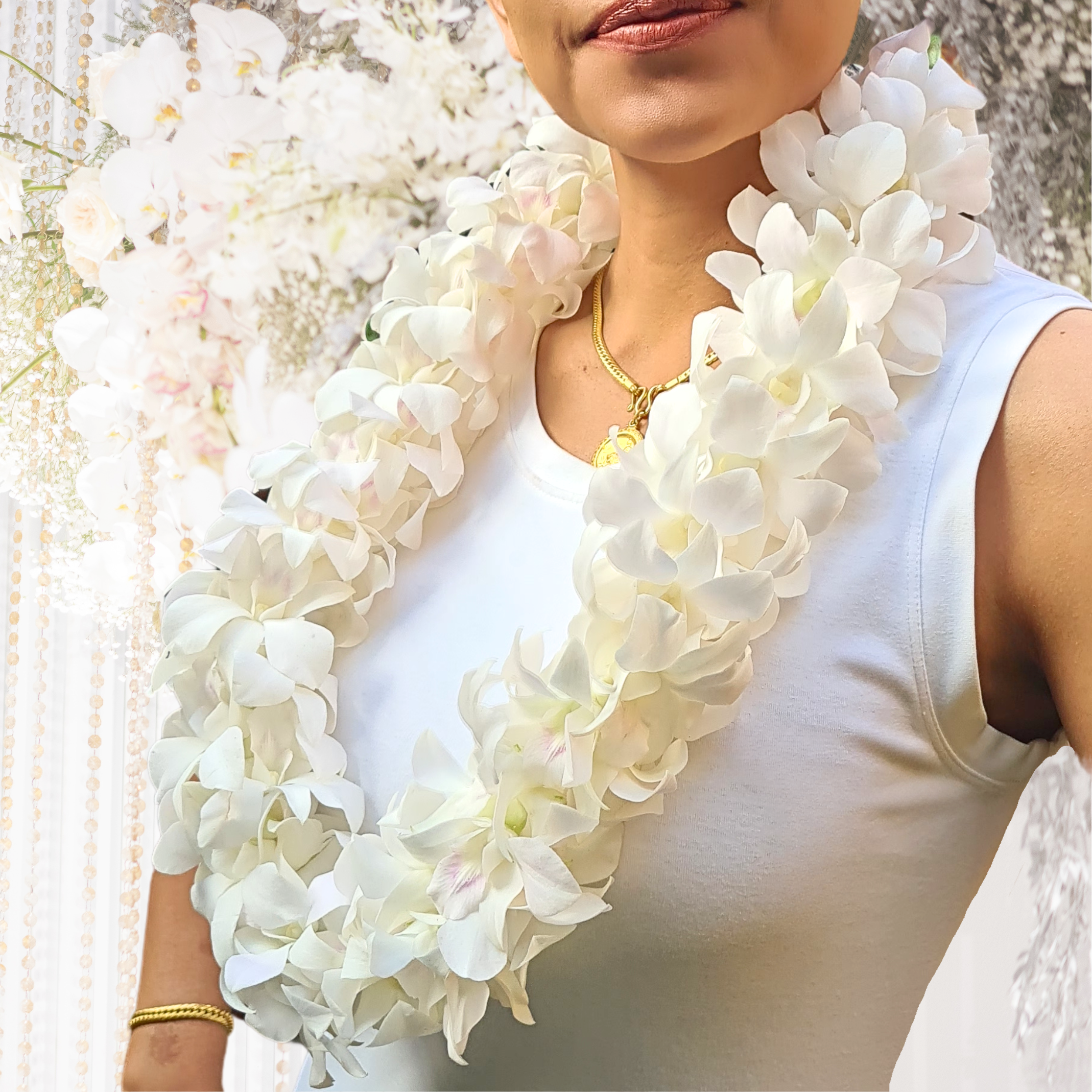 🌺 White Thai Orchid Lei – Fresh Double Strand Lei with 100+ Premium Dendrobium Blooms | Perfect for Weddings, Tropical Events, and Graduations 🌴