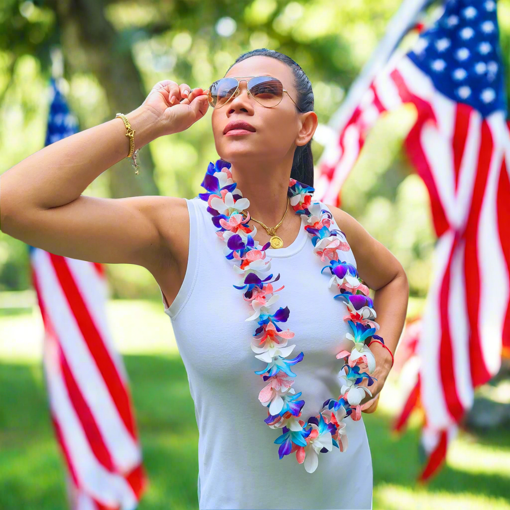 USA Orchid Lei – Red, White & Blue Single Strand Lei for 4th of July & Summer Celebrations
