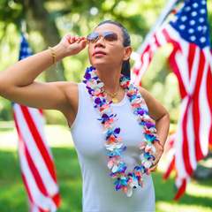 USA Orchid Lei – Red, White & Blue Single Strand Lei for 4th of July & Summer Celebrations