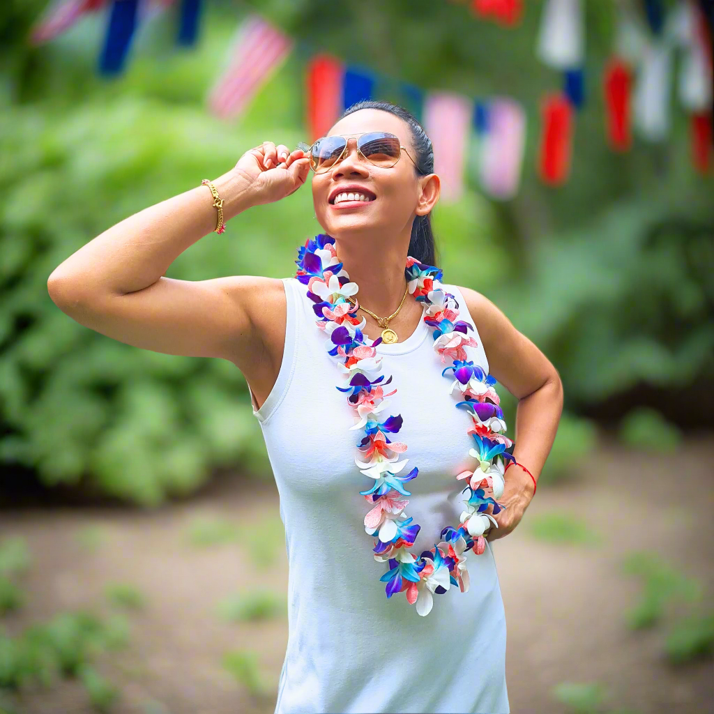 USA Orchid Lei – Red, White & Blue Single Strand Lei for 4th of July & Summer Celebrations