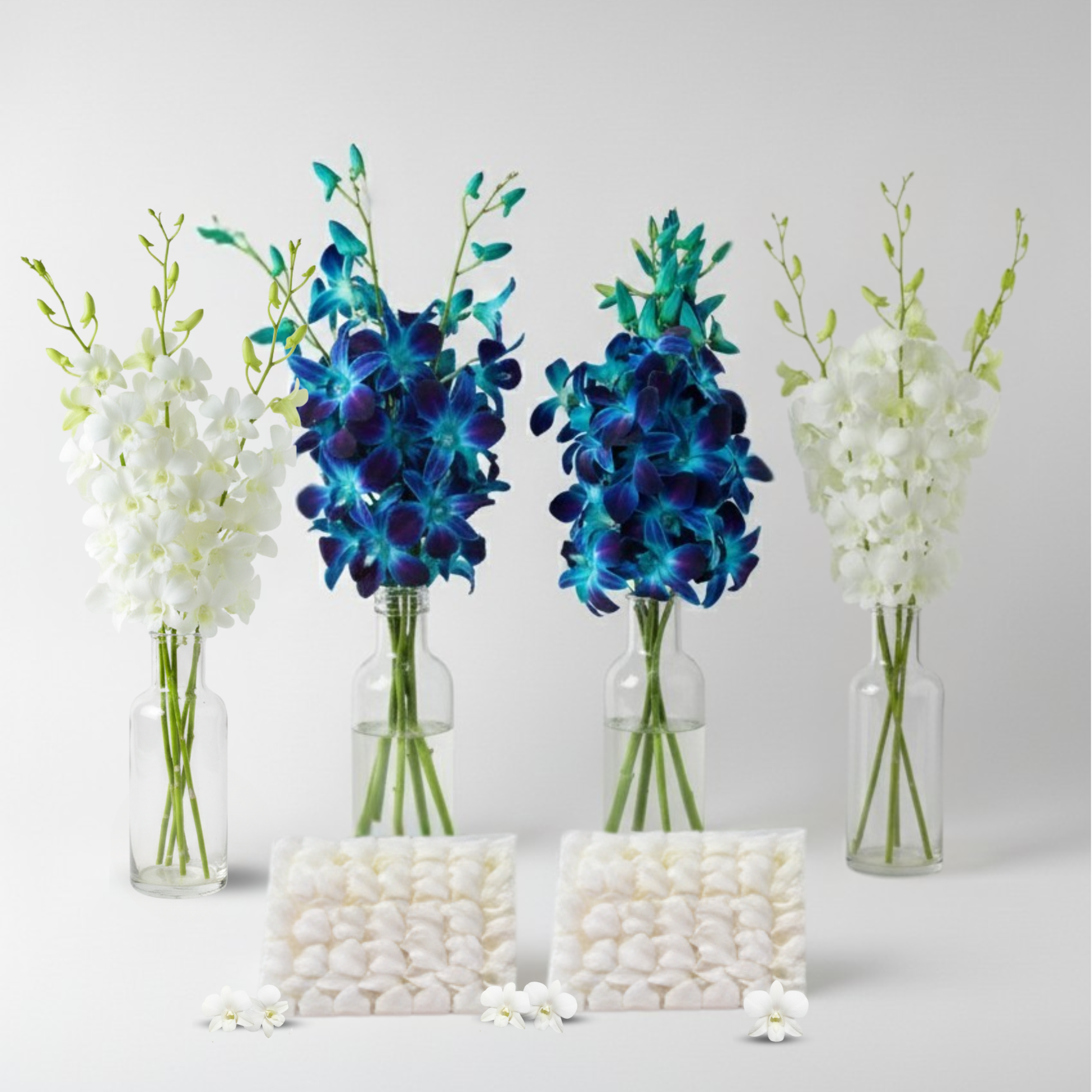 Product display of blue and white dendrobium orchid stems with 100 loose blooms styled for DIY table decoration.
