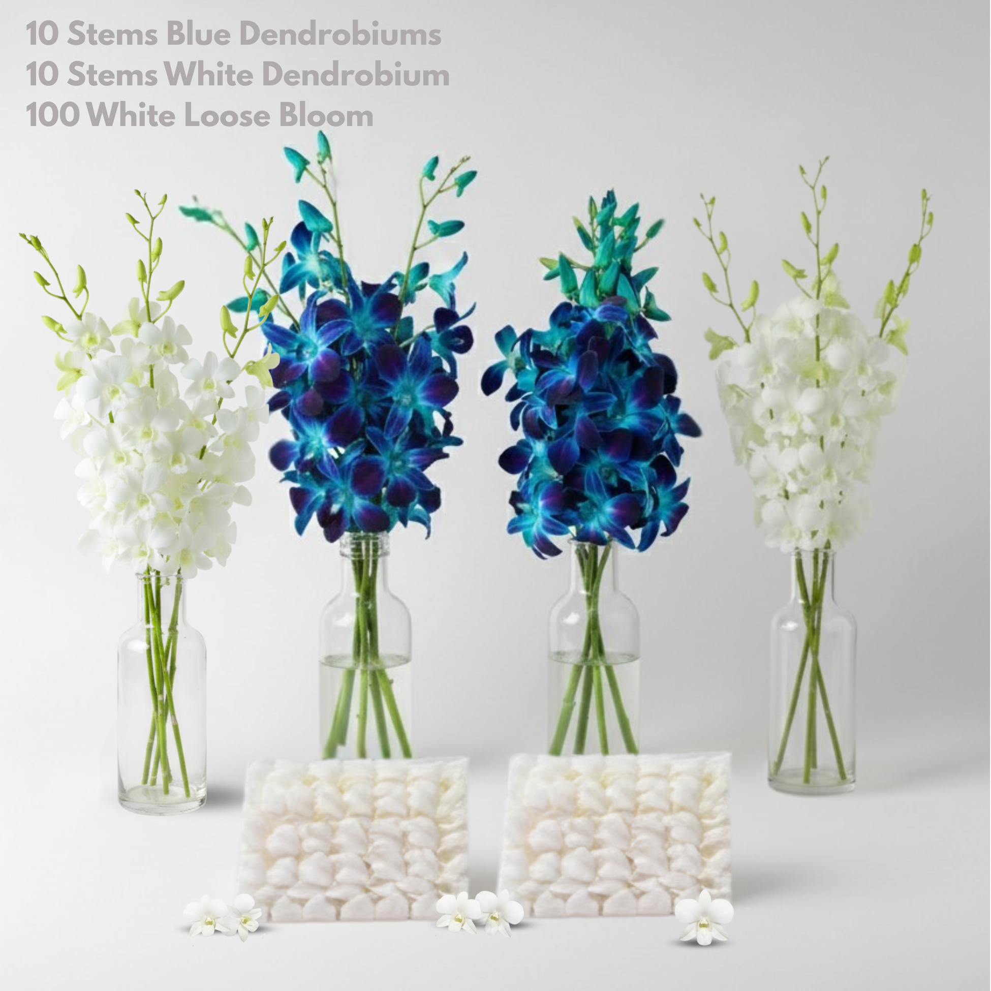 Blue and white dendrobium orchid party kit including 10 blue stems, 10 white stems, and 100 loose white blooms displayed in clear vases.