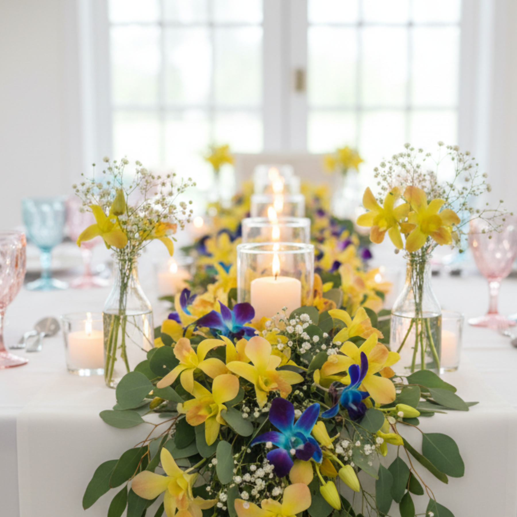 Elegant wedding table runner made of yellow and blue dendrobium orchids with candles and greenery