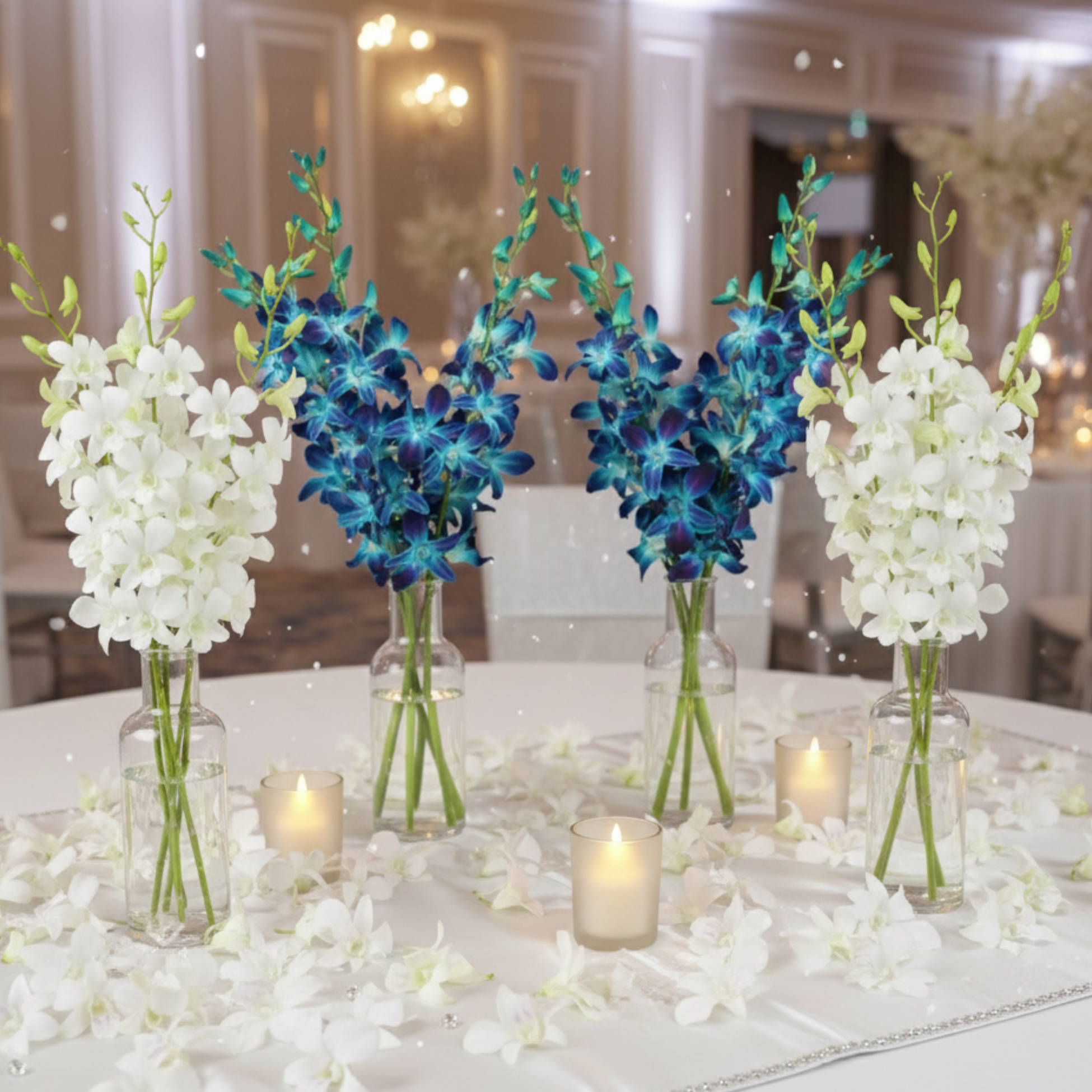 Round event table decorated with blue and white orchids in glass vases surrounded by scattered loose white orchid blooms.