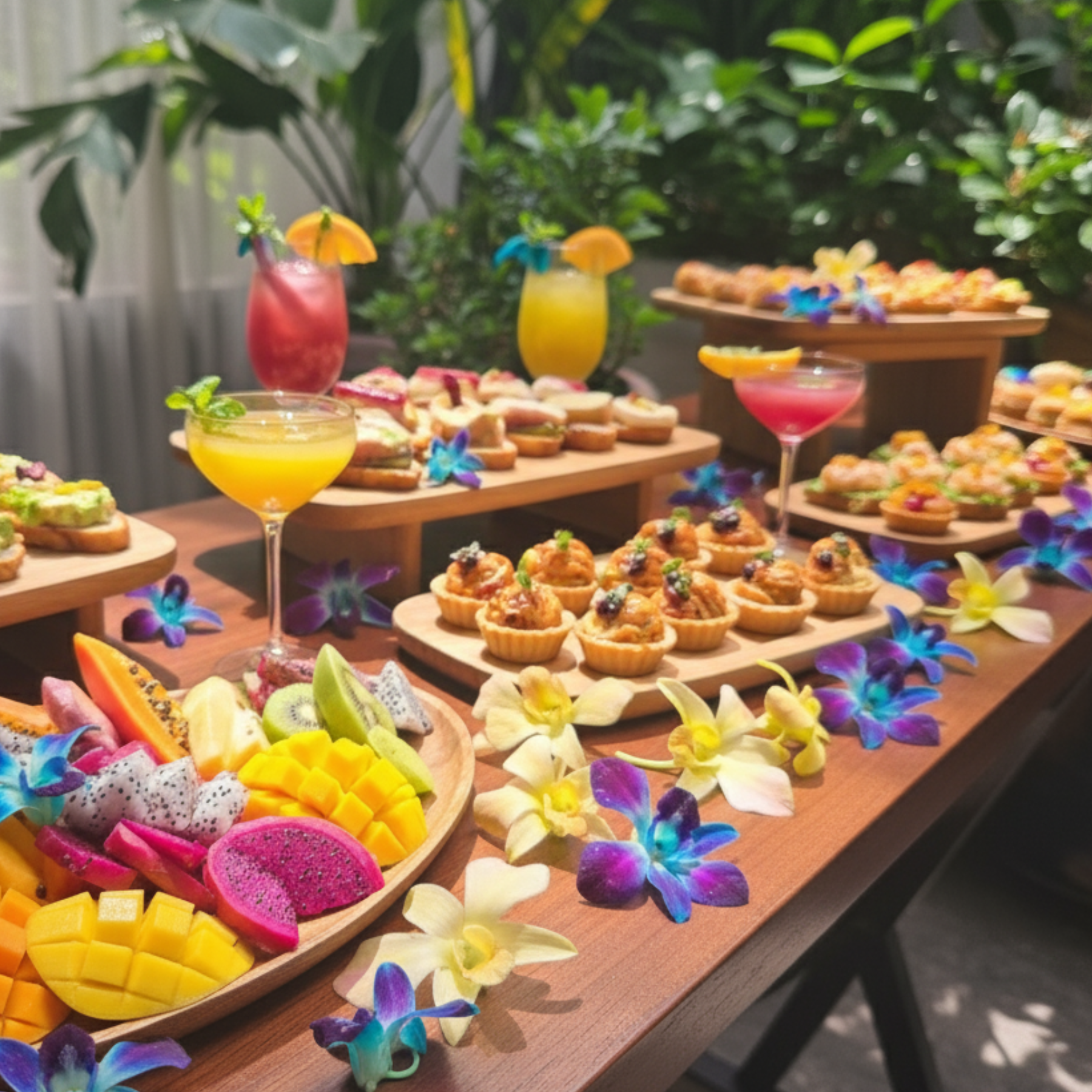 Tropical brunch buffet with pastries, fruit, and cocktails decorated with blue and yellow orchid blooms.