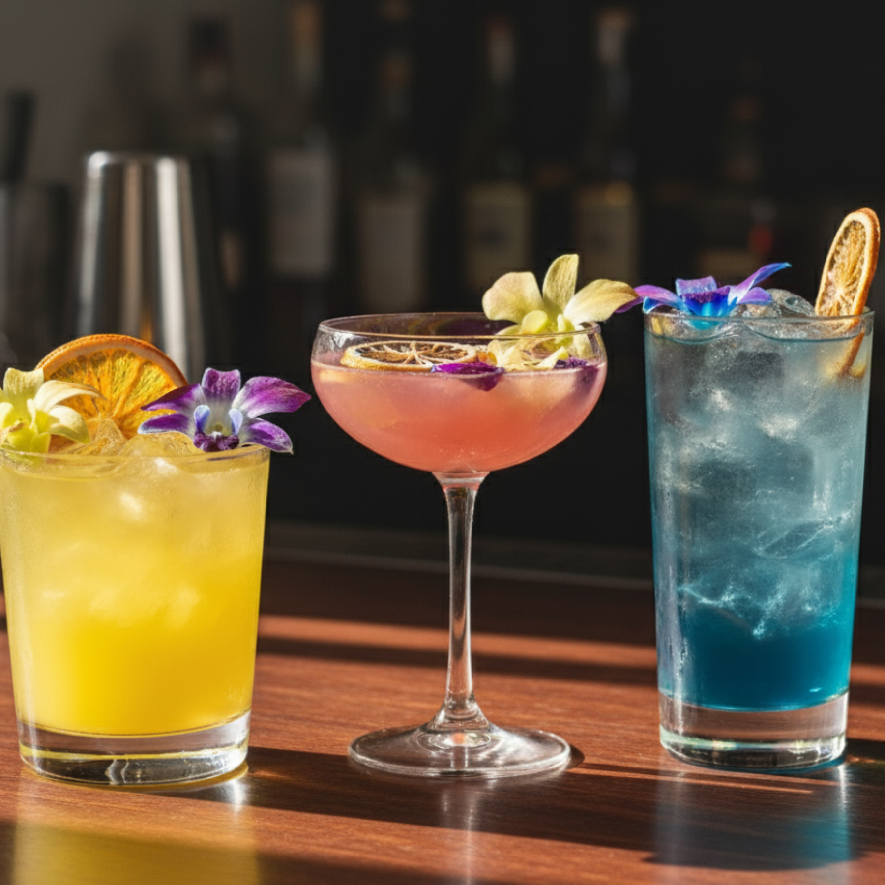 Colorful cocktails garnished with yellow and blue dendrobium orchids and dried citrus slices on bar