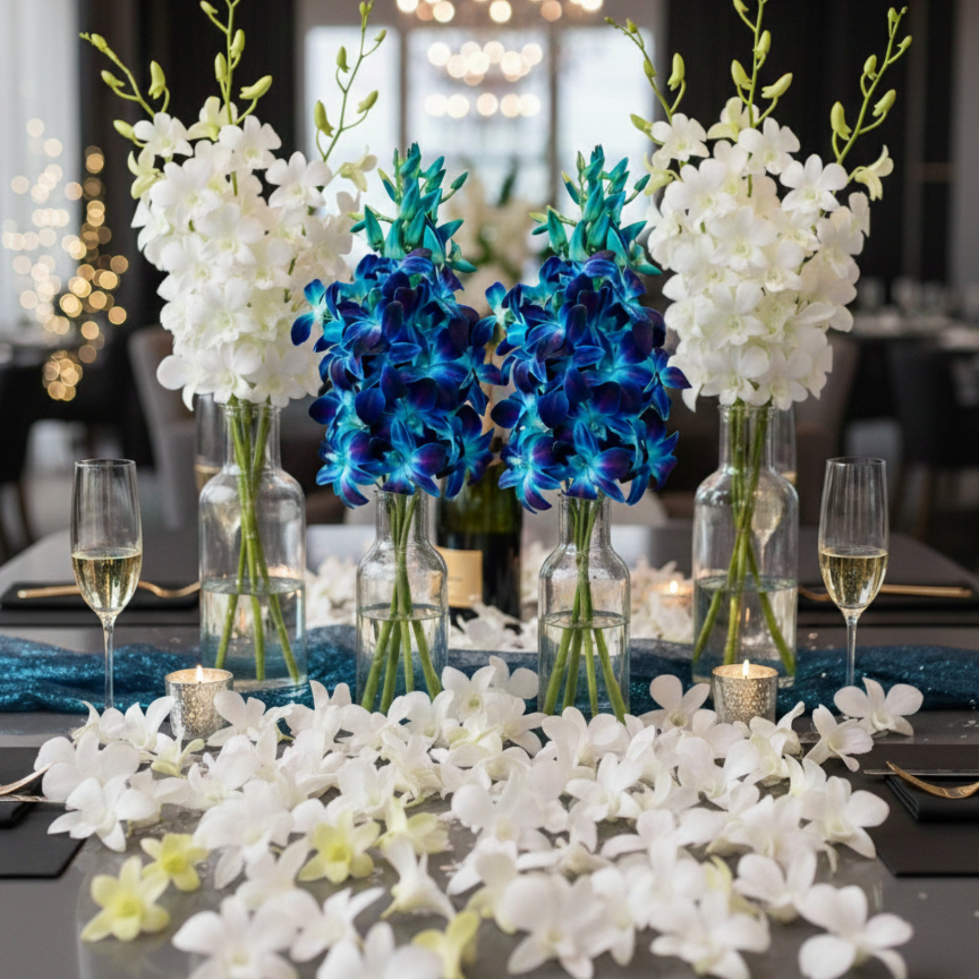Decorative table setting with blue and white flowers in vases on a blurred background