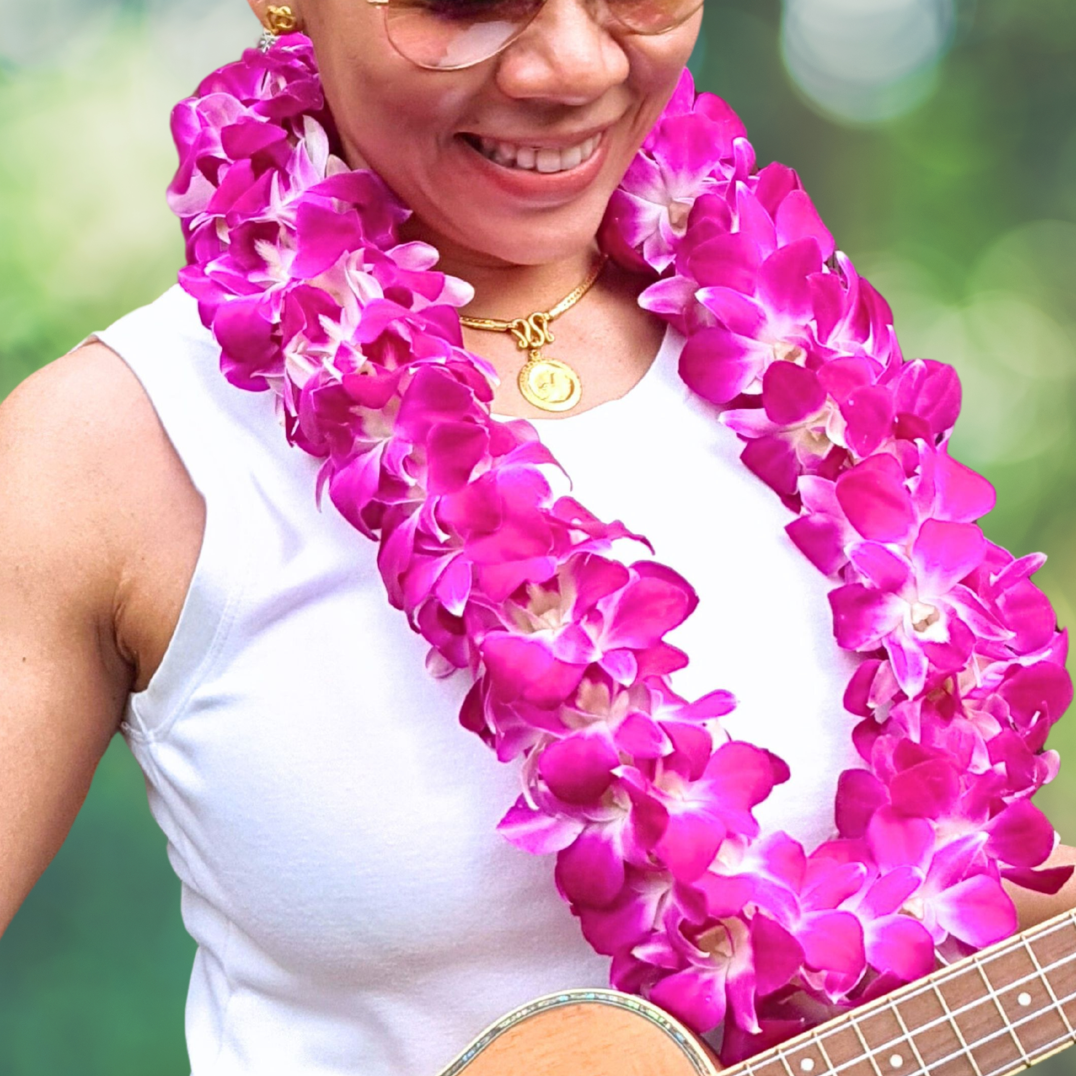  Double Purple Orchid Lei featuring 100 fresh Thai Dendrobium orchids. This vibrant and durable lei is perfect for upscale events, tropical parties, and weddings. Freshly flown in weekly for lasting quality. 