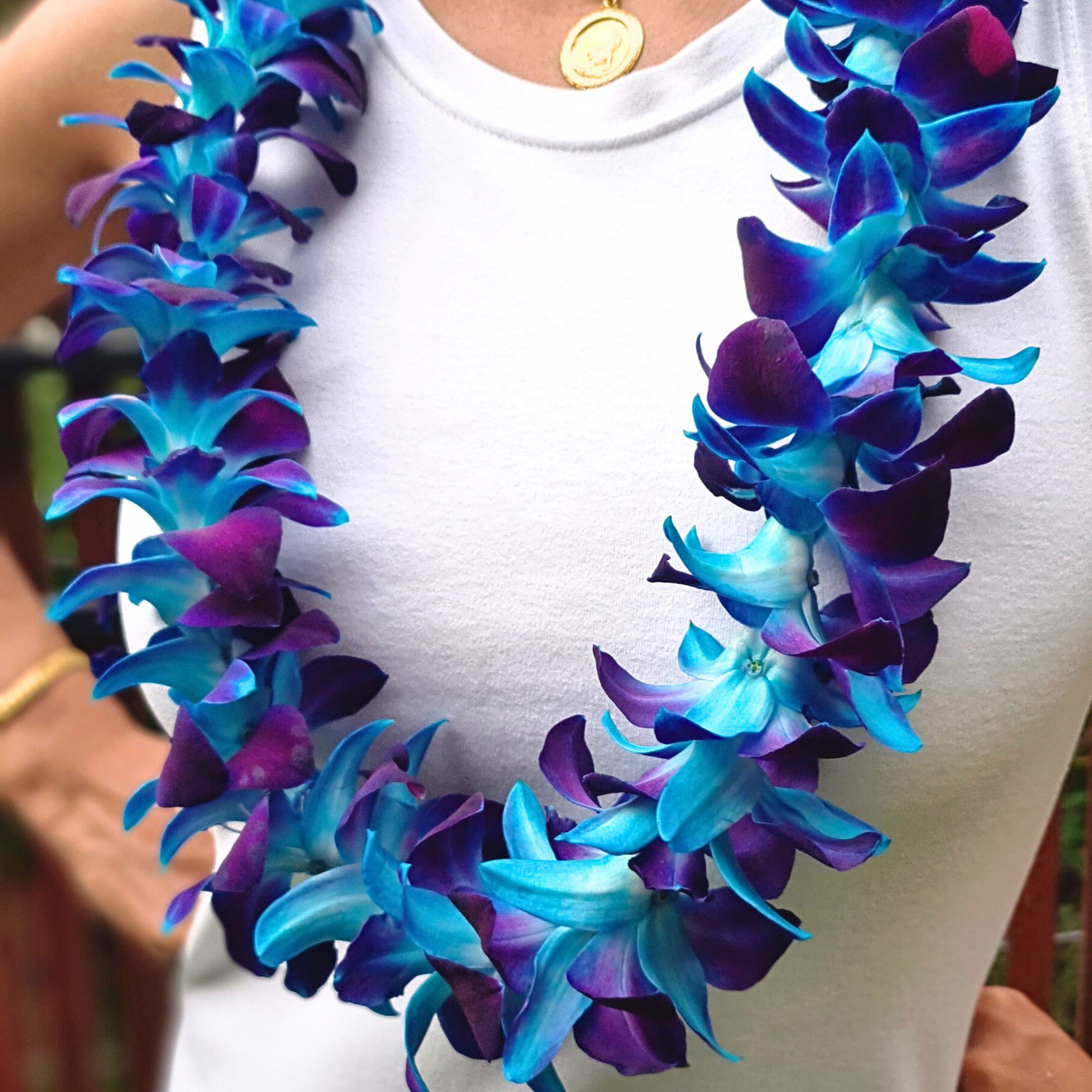 Beautiful Single Blue Orchid Lei with 100 high-quality Dendrobium orchids. Freshly flown from Thailand, this lei is perfect for tropical parties, beach events, and weddings, adding elegance to any occasion.