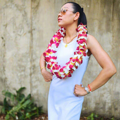 Red, Yellow & White Orchid Lei – Handmade Tropical Lei for Graduations, Hawaiian Luaus & Beach Celebrations. Stunning double-strand floral necklace with fresh orchids flown from Thailand. A customer-favorite, elegant floral accessory.