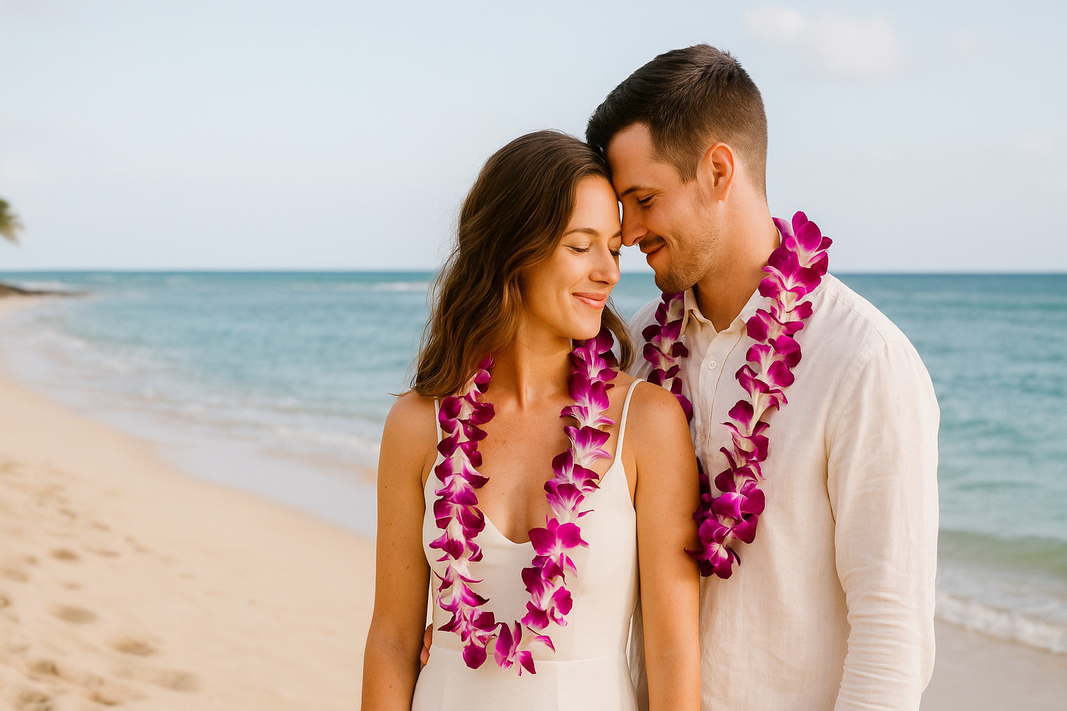 Couple on a beach with purple leis, ocean in the background