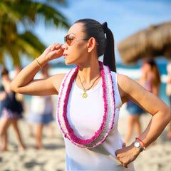 Crimson Dream Double Braided Orchid Lei – A handcrafted floral necklace woven with hundreds of deep crimson-purple and white orchid petals. This rare double-braided design gives the lei a rope-like floral appearance, making it a unique and elegant choice for graduations, luaus, weddings, and tropical events. Flown fresh from Thailand, this durable and stunning orchid lei is perfect for those seeking a luxurious and eye-catching floral accessory.