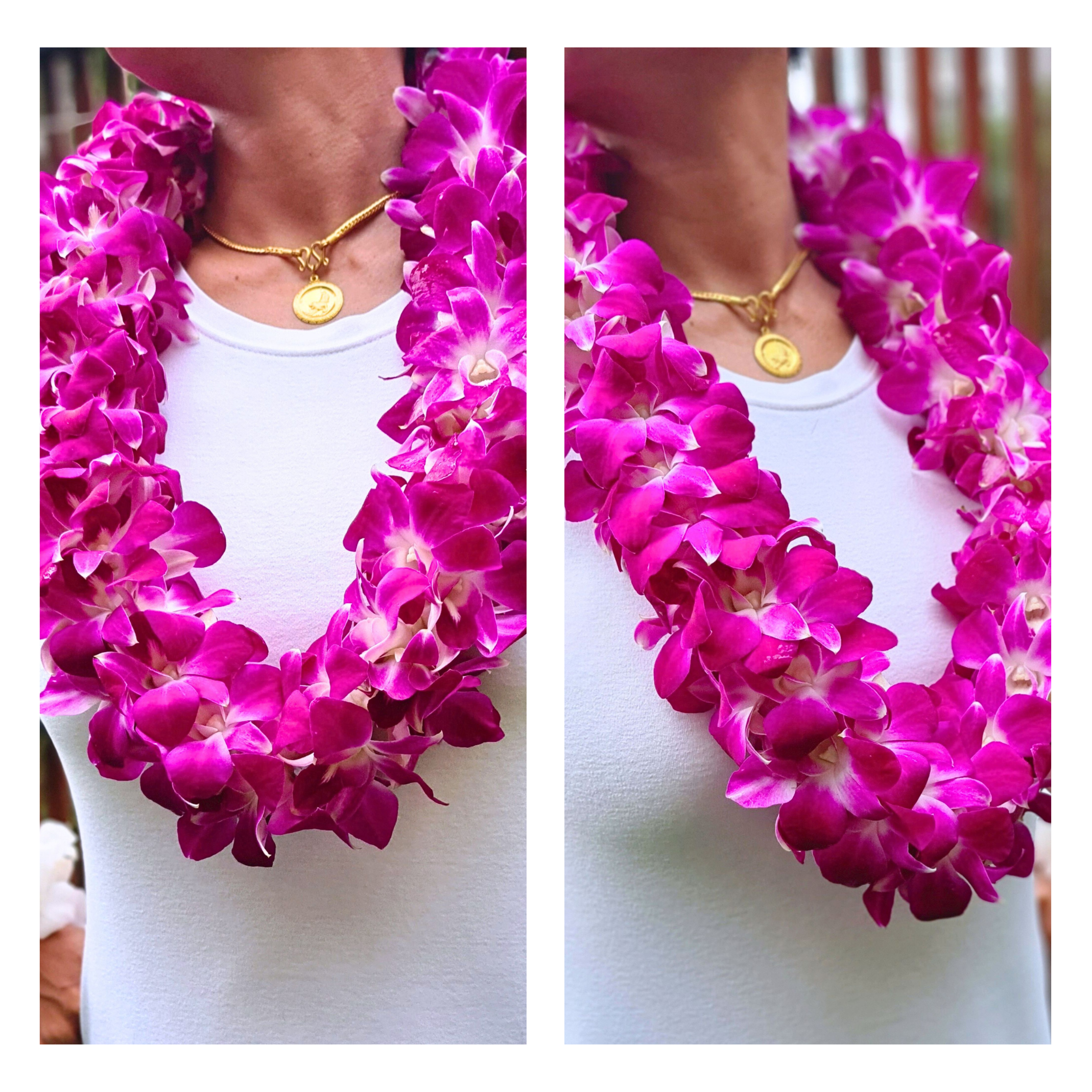 Double Purple Orchid Lei made with 100 fresh Thai Dendrobium orchids. This strong, durable lei is ideal for weddings, tropical parties, and upscale events. Freshly flown in weekly, ensuring vibrant color and lasting beauty for any celebration.