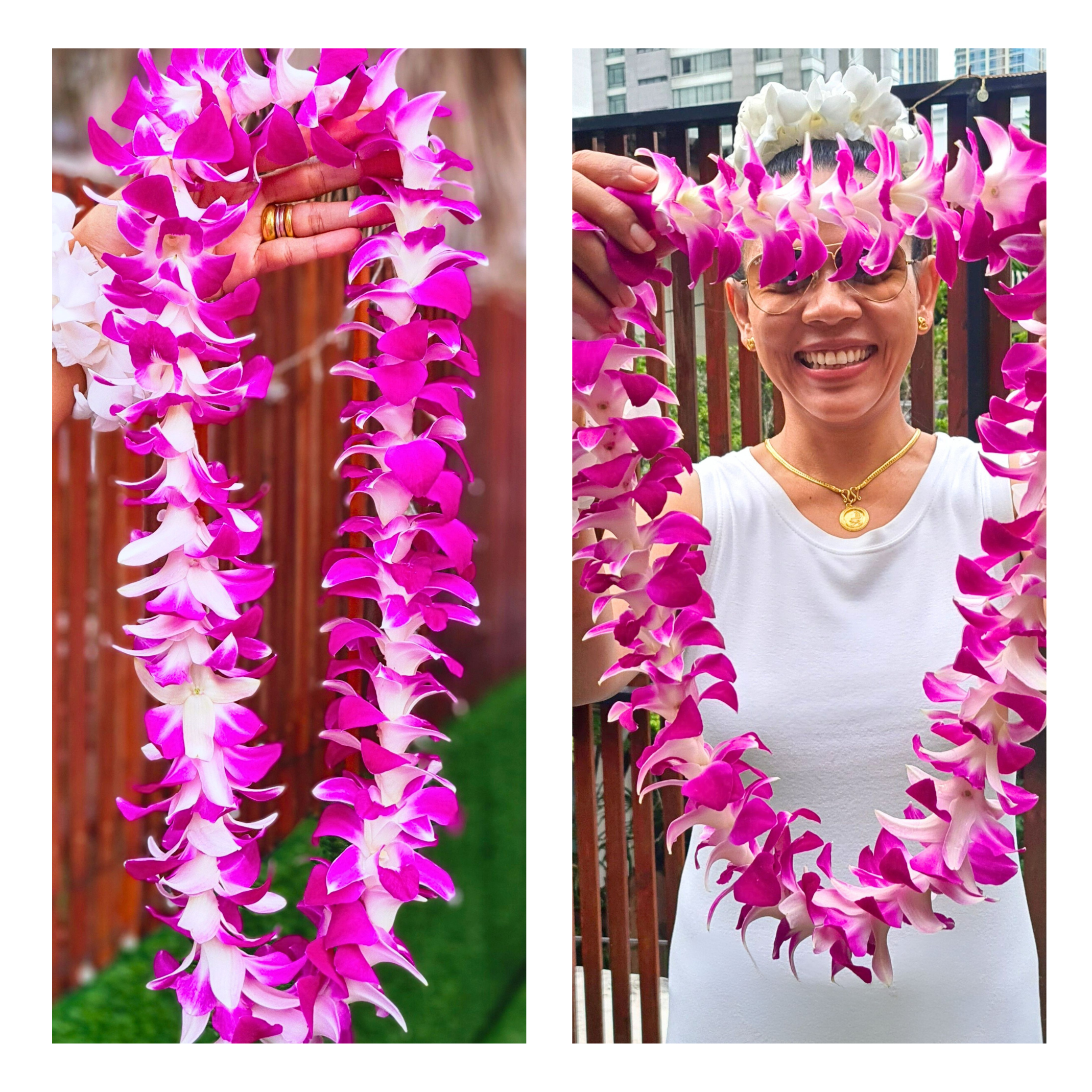 Exquisite Single Purple Orchid Lei with 55 high-quality Dendrobium blooms. Perfect for tropical parties, weddings, and graduations, this lei is made from fresh Thai orchids for a stunning, eye-catching accessory.