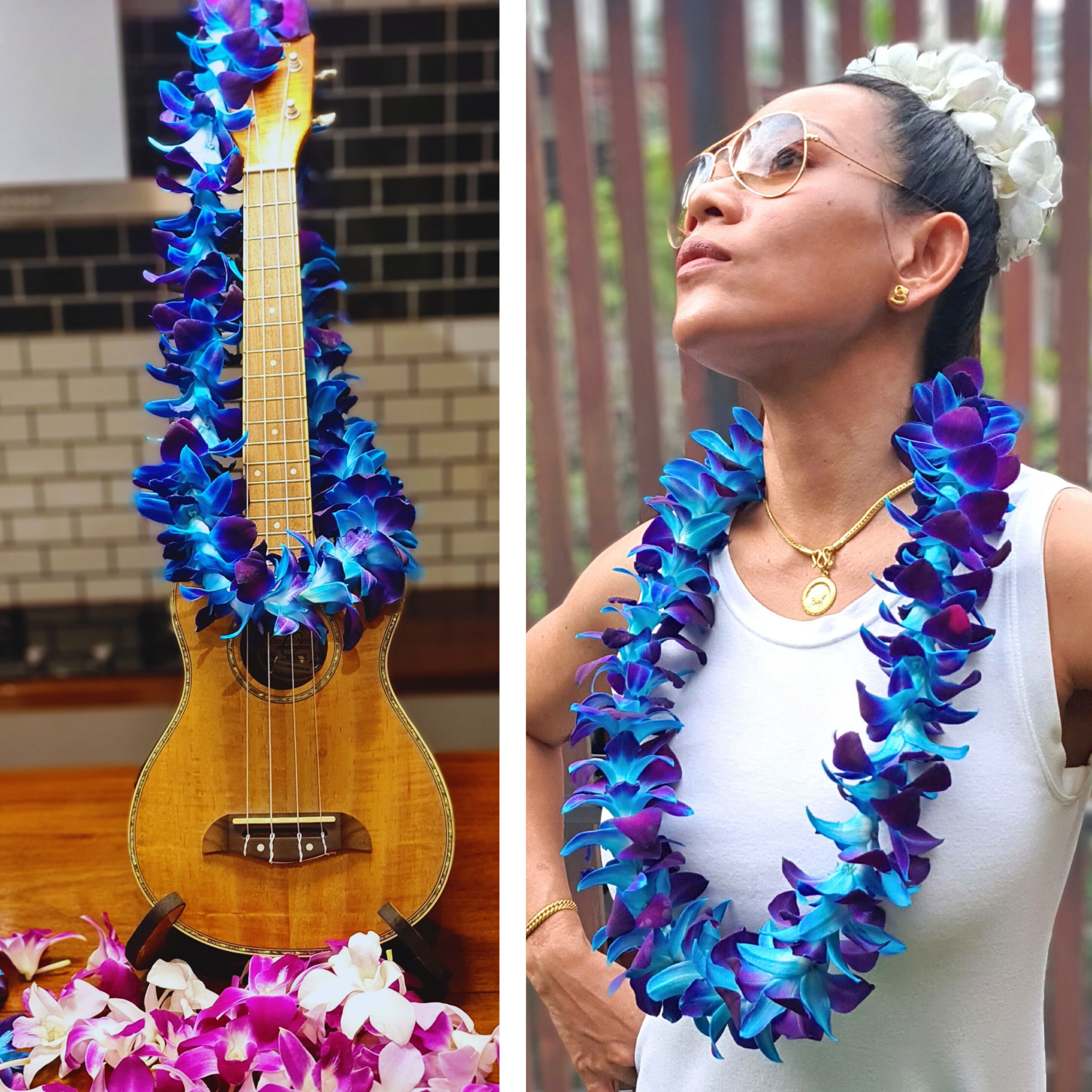 Premium Single Blue Orchid Lei featuring 100 fresh Thai Dendrobium orchids. Ideal for beach parties, graduations, and special occasions, this lei delivers a beautiful and lasting floral accessory.