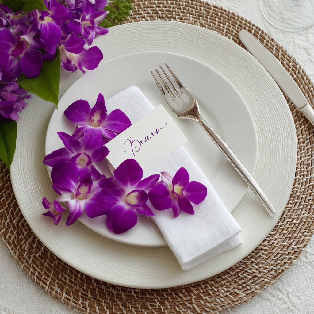 Decorative table setting with purple orchids, white plates, and cutlery on a woven placemat.